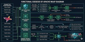 image, with a technical, high-tech blueprint aesthetic, is divided into logical, interconnected functional modules derived,functional exegesis" of the original concept, It details how the distinct logic for Bot Detection, API Security, and Behavioral AI Routines is structured, using flowlines and configurations like mod_ratelimit to show how these layers integrate into a unified Apache WAAP control plane. This diagram is designed to visualize the internal mechanics that provide the comprehensive protection described.