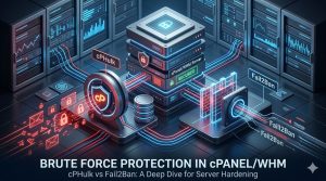 A 3D illustration shows brute force attacks being deflected by two security systems on a secure cPanel server: cPHulk, represented by a shield, and Fail2Ban, represented by a digital firewall.
