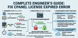 infographic to visually explain the root causes, diagnostic steps, and resolutions for a cPanel license expired error, exactly as discussed in your blog post. The 1200x600 image provides a comparative architecture