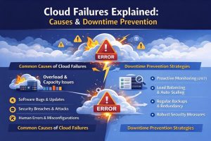 Cloud failures causes and downtime prevention strategies including monitoring, auto scaling, backups and security measures