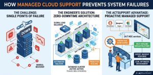 Senior infrastructure engineer using a magnifying glass to audit cloud resource leaks and orphaned storage in a managed cloud environment for actsupport.com.