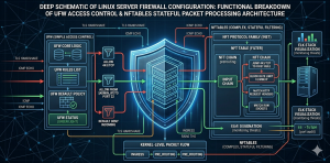 echnical schematic diagram of a Linux Server Firewall Configuration showing the dual-layered security architecture of UFW for simple access control and Nftables for complex stateful packet processing. The infographic illustrates kernel-level packet flow, rate-limiting logic, and integration with ELK stack monitoring for production-grade server hardening.