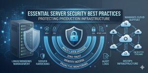 Visual representation of multi-layered server security best practices including firewalls, encryption, and proactive monitoring for production environments.
