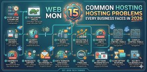 An infographic titled '15 Common Hosting Problems Every Business Faces in 2026' featuring a dark teal tech background with interconnected icons and descriptions for poor uptime, slow loading speeds, security breaches, inadequate support, and scalability issues.