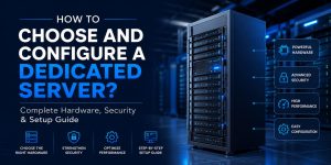 Professional dedicated server setup guide banner featuring a high-performance server rack, cybersecurity icons, hardware optimization elements, and modern data center background for server configuration and infrastructure management.