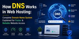 Professional DNS web hosting banner showing DNS resolution process, root servers, TLD servers, authoritative name servers, global DNS routing, and secure website access with modern server infrastructure illustration.