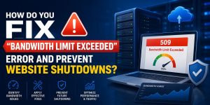 Professional hosting troubleshooting banner showing a 509 Bandwidth Limit Exceeded error on a laptop with server racks, bandwidth monitoring dashboard, and website protection icons representing bandwidth optimization and website uptime management.