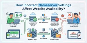 An infographic comparing correct and incorrect nameserver settings. At the top, under the heading "Valid Nameservers (Site Accessible)," a happy man uses a laptop, and green arrows indicate that a tablet and smartphone are visible and accessible. A green checkmark points to a website host server stack with "Correct DNS Records." The bottom section, "Scenario: Improper Nameservers (Site Down)," shows a confused man with a question mark. Red arrows point to a tablet showing "Website Unavailable (404)" and a phone that is "Not Reachable." Dotted red lines lead to a smoking, broken website host server stack with a red "X" and a broken folder.