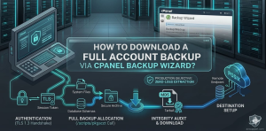 A highly detailed enterprise data-protection infographic, sized 1200x600, set against a dark server room backdrop with rows of glowing cyan and slate hosting racks. The center of the image displays a prominent neon title box that reads: "HOW TO DOWNLOAD A FULL ACCOUNT BACKUP VIA CPANEL BACKUP WIZARD?". Surrounding the title is an engineered data routing diagram detailing a four-stage disaster recovery pipeline: "AUTHENTICATION (TLS 1.3 Handshake)", "FULL BACKUP ALLOCATION (/scripts/pkgacct Call)" bundling system files and database schemas into a secure archive, "INTEGRITY AUDIT & DOWNLOAD" checking an MD5 verified tarball, and "DESTINATION SETUP" sending data safely to a remote POSIX cloud endpoint. A mock cPanel Backup Wizard user interface overlay is visible in the upper right, and the bottom right corner displays a subtle actsupport.com brand emblem.