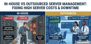 echnical comparison image showing the difference between In-House and Outsourced server management. The graphic highlights the transition from high costs and downtime to optimized, monitored infrastructure with a professional B2B aesthetic.