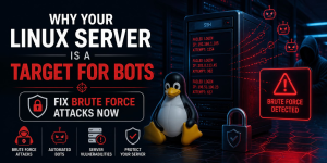 Cybersecurity concept showing a Linux server under brute force attack with failed login attempts, automated bots, and security warning indicators in a data center environment.