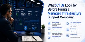CTO analyzing managed infrastructure support metrics on a monitoring dashboard in a modern data center, highlighting uptime, security, scalability, 24/7 support, and reliability considerations before choosing a managed infrastructure support provider.