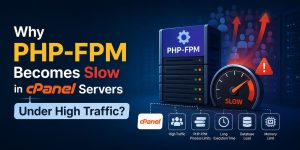 Professional featured image showing PHP-FPM slowdown in cPanel servers under high traffic with server rack, performance meter, traffic icons, and infrastructure performance indicators.