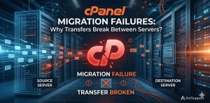 A technical infographic showing a broken data transfer between a source server and a destination server with the cPanel logo. The image features a high-tech data center background with text highlighting "Migration Failures: Why Transfers Break Between Servers" and "Transfer Broken" warning indicators.