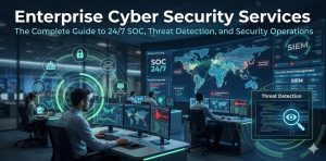 A modern 24/7 Security Operations Center (SOC) room filled with data monitors, featuring the text 'Enterprise Cyber Security Services: The Complete Guide to 24/7 SOC, Threat Detection, and Security Operations' overlaid at the top. Cybersecurity analysts are seen monitoring global threat maps, SIEM interfaces, and real-time network security dashboards.