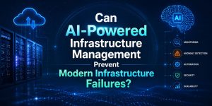 AI-powered infrastructure management concept showing cloud servers, automated monitoring, anomaly detection, security, scalability, and intelligent operations to prevent modern infrastructure failures.
