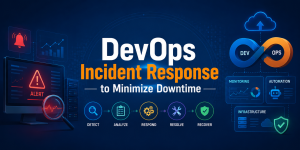 Modern DevOps incident response banner showing centralized monitoring, alert detection, automation workflow, and recovery pipeline designed to minimize downtime in cloud infrastructure systems.