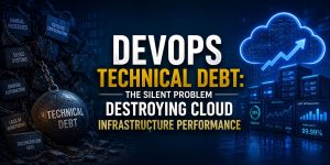 DevOps technical debt impacting cloud infrastructure performance with outdated systems, broken automation, configuration issues, and modern cloud optimization architecture.