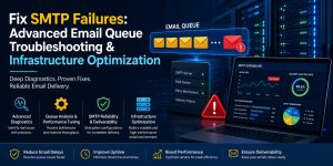 Network operations engineer analyzing SMTP email queue performance dashboards, troubleshooting email delivery failures, mail server bottlenecks, and infrastructure optimization in a modern data center environment.