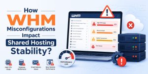 WHM server administrator analyzing hosting performance dashboards, resource utilization metrics, email services, and server stability indicators in a shared hosting environment.