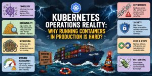 Wide illustrated infographic showing a stormy Kubernetes production environment with a container ship navigating rough seas. Surrounding panels highlight key challenges including complexity, observability, networking issues, resource management, dependencies, security risks, CI/CD challenges, and cost control, emphasizing why running Kubernetes in production is difficult.