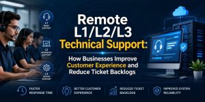 Remote L1/L2/L3 technical support services with IT engineers managing customer issues, server infrastructure, and support operations to improve customer experience and reduce ticket backlogs.