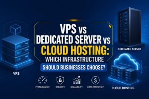 VPS vs dedicated server vs cloud hosting comparison showing modern cloud infrastructure architecture, virtualization, dedicated hardware, and scalable hosting solutions for businesses.