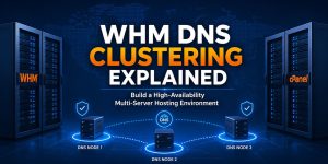 A technical illustration showing WHM DNS clustering with multiple connected DNS nodes and servers across a global network, representing high-availability multi-server hosting and scalable infrastructure architecture.
