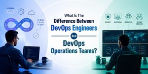 Wide 1200x600 tech-themed banner showing a split comparison between DevOps engineers and DevOps operations teams, with a central title highlighting the difference between building automation systems and managing production infrastructure monitoring, stability, and operations.