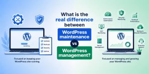 A split comparison infographic showing WordPress maintenance on the left focused on updates, backups, and uptime, and WordPress management on the right focused on performance optimization, security monitoring, scaling, and 24/7 server management, with a central title highlighting the difference between both approaches.