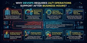 An educational infographic with a dark blue, tech-themed background featuring circuit board patterns. The main title at the top reads, "WHY DEVOPS REQUIRES 24/7 OPERATIONS SUPPORT AFTER BUSINESS HOURS?".
