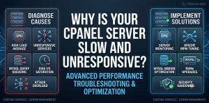 Why is your cPanel Server Slow and Unresponsive title banner for a technical troubleshooting guide. The image splits diagnostics and solutions on a dark blue tech background. The left column labeled 'Diagnose Causes' outlines common performance killers like high load average, unresponsive services, MySQL query queueing, disk I/O saturation, and attack overload. The right column labeled 'Implement Solutions' offers systemic architectural fixes including server monitoring, Apache MPM tuning, MySQL InnoDB optimization, NVMe upgrades, and security hardening.