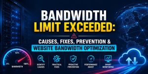 Illustration of a web hosting server displaying a Bandwidth Limit Exceeded warning with networking, cloud, and performance optimization graphics, highlighting website bandwidth optimization, troubleshooting, prevention strategies, CDN, server monitoring, and hosting infrastructure.