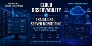 Illustration comparing cloud observability and traditional server monitoring, featuring cloud infrastructure, server monitoring dashboards, distributed tracing, metrics, logs, alerts, Kubernetes, microservices, and real-time infrastructure monitoring for modern cloud environments.