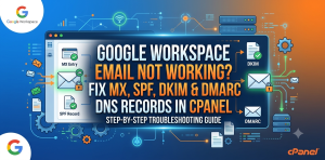 A featured image guide titled "Google Workspace Email Not Working? Fix MX, SPF, DKIM & DMARC DNS Records in cPanel" with a cPanel interface background showing email security settings.