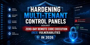 Cybersecurity illustration showing secure multi-tenant hosting control panels, server infrastructure, firewall protection, and defense against Zero-Day Remote Code Execution (RCE) vulnerabilities in 2026.