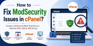 Illustration showing how to fix ModSecurity issues in cPanel with a Web Application Firewall (WAF), highlighting troubleshooting for 403 Forbidden, 406 Not Acceptable, and 500 Internal Server Errors using security rule optimization.