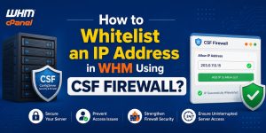 Illustration showing how to whitelist an IP address in WHM using CSF Firewall on a cPanel server, featuring server security, CSF Firewall, IP allowlisting, and secure WHM access.