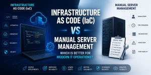Illustration comparing Infrastructure as Code (IaC) and manual server management, highlighting automated cloud infrastructure, DevOps workflows, server provisioning, and modern IT operations for enterprise environments.