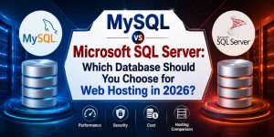 Featured image comparing MySQL and Microsoft SQL Server databases for web hosting in 2026, highlighting performance, security, hosting compatibility, and cost differences to help businesses choose the right database platform.