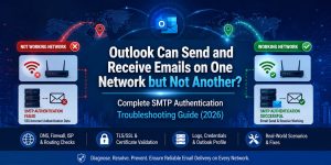 Illustration showing Microsoft Outlook SMTP authentication troubleshooting where email works on one network but fails on another, highlighting DNS, firewall, ISP routing, TLS/SSL, Outlook profile, server authentication, and network diagnostics in a 2026 troubleshooting guide.