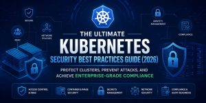 Illustration of Kubernetes security best practices showing a secure Kubernetes cluster with RBAC, network policies, secrets management, compliance, container security, and enterprise-grade cloud infrastructure protection for 2026.