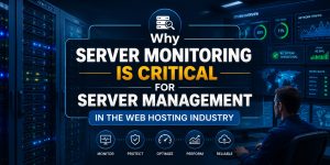 Illustration of a modern server monitoring dashboard displaying real-time infrastructure metrics, cloud servers, uptime monitoring, network performance analytics, and cybersecurity indicators, highlighting the importance of proactive server management in the web hosting industry.