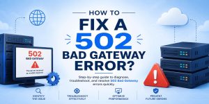 Professional server infrastructure illustration explaining how to diagnose and fix a 502 Bad Gateway error caused by Nginx, PHP-FPM, upstream servers, and application issues.