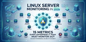 Linux server monitoring dashboard illustration showing 15 critical IT metrics for enterprise systems in 2026, including CPU, disk I/O, network bandwidth, and system security.