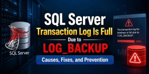 SQL Server transaction log full due to LOG_BACKUP error shown on a database server, with warning indicators highlighting transaction log capacity issues.