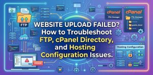 Tech graphic titled "Website Upload Failed? How to Troubleshoot FTP, cPanel Directory, and Hosting Configuration Issues" featuring digital illustrations of FTP servers, cPanel File Manager, and hosting settings.