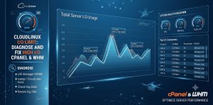 CloudLinux I/O Limit: How to Diagnose and Fix High I/O Usage on cPanel and WHM banner featuring server performance graphs and system health metrics