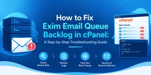 ActSupport banner illustrating how to fix an Exim email queue backlog in cPanel, featuring mail queue alerts, server icons, terminal commands, and four troubleshooting steps: check queue size, review logs, find the root cause, and restore email delivery.