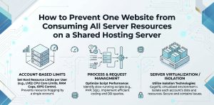 An infographic titled "How to Prevent One Website from Consuming All Server Resources on a Shared Hosting Server" on a clean white-and-blue background. It features three sections with vector icons: Account-Based Limits (CPU, RAM, and IOPS caps), Process & Request Management (optimizing PHP scripts and SQL queries), and Server Virtualization / Isolation (using CloudLinux CageFS to contain user resources).